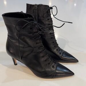 Zara Black Laced Leather Kitten Heel Ankle Boots. Size 37